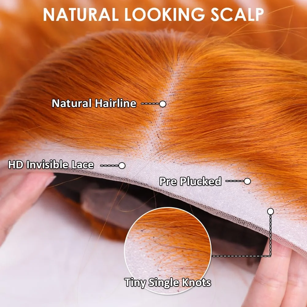 34인치 13x4 스트레이트 진저 오렌지 레이스 프론트 가발 인모 HD 투명 레이스 프론탈 350 컬러 인모