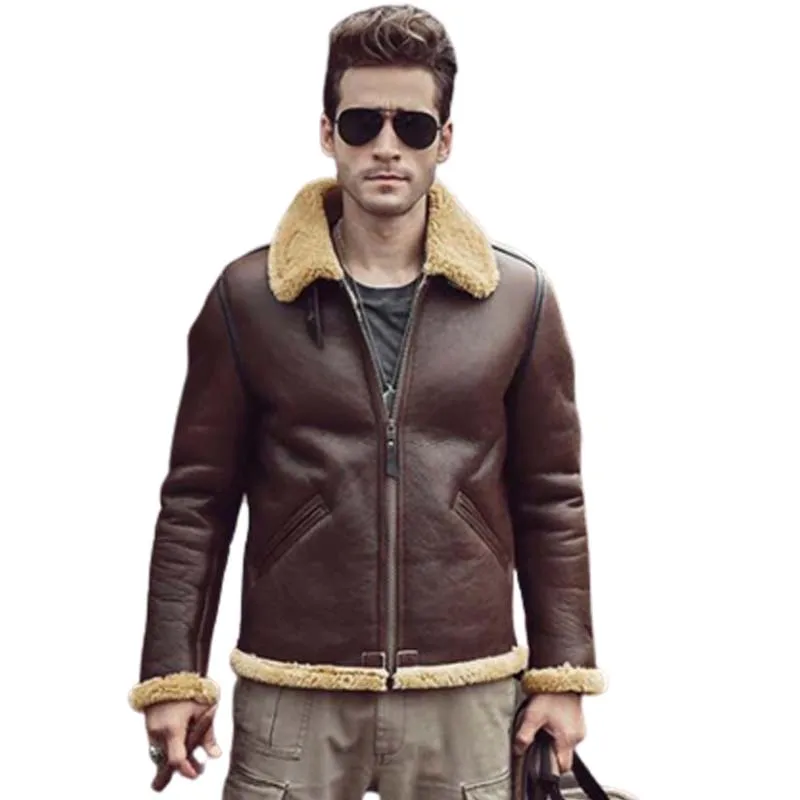 Handsome Brown Sheepskin Men's Motorcycle Jacket - Short Coat with Lapel Collar and Fur Trim