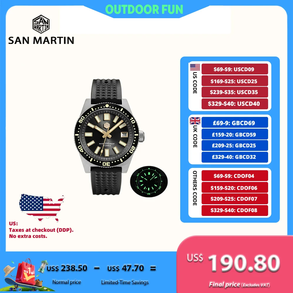 

San Martin 40mm 3D Printing Full C3 Lume Surfing Dial NH35 Men Diver Watch 62mas Week Date Window Gilt Indices 20Bar SN0007 V3