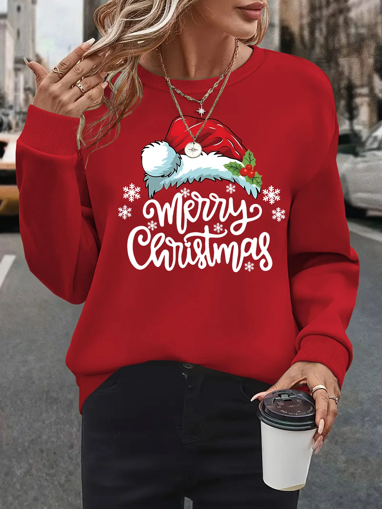 سويت شيرت نسائي برقبة دائرية باللون الأحمر مقاس كبير لعيد الميلاد المجيد وقبعة سانتا وحفلات العطلات لهدايا الملابس العائلية