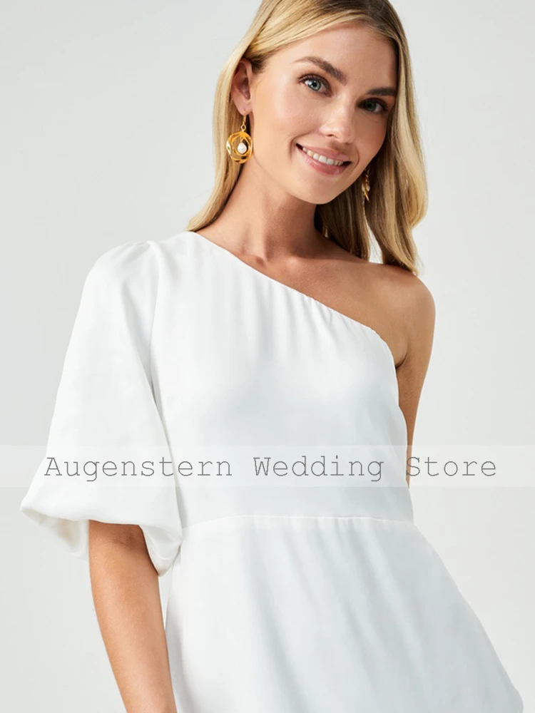 Vestidos de Fiesta formales simples de satén blanco fruncido, vestidos de compromiso rectos de un hombro, vestidos Midi de talla grande para ocasiones