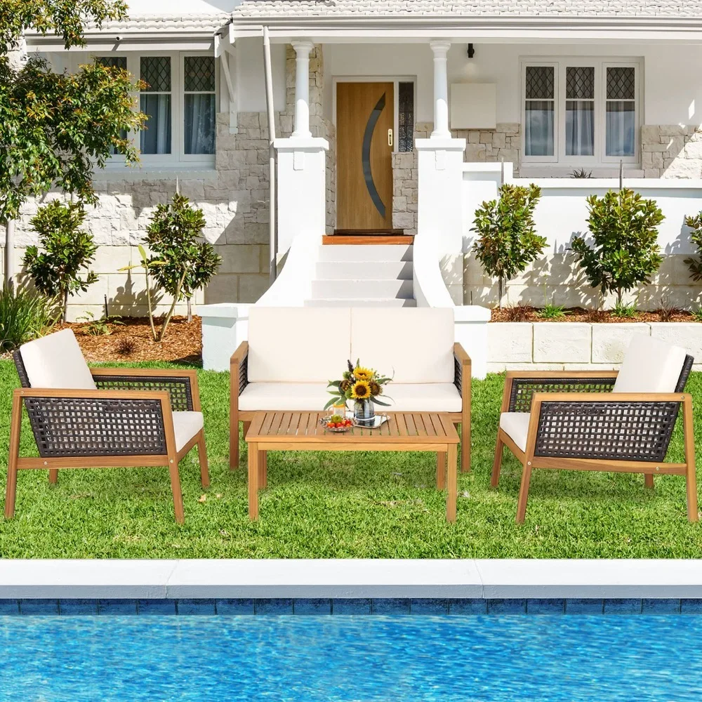 4PCS Patio Acacia Wood Furniture Set PE Rattan Conversation Set w/ Off White