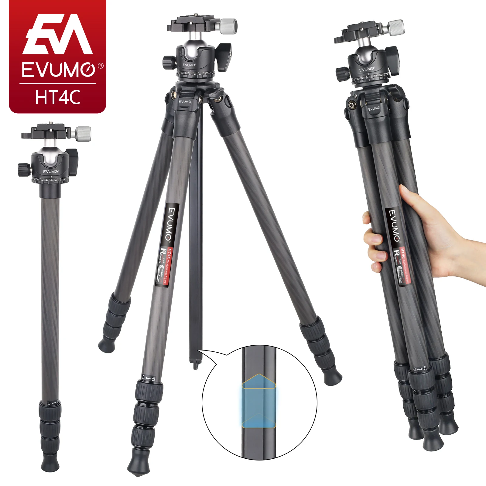 EVUMO Carbon Fiber Tripod for Camera with with 36mm Ball Head HT4C Lightweight Travel Flexible 25mm Leg Tube Monopod Load 15kg