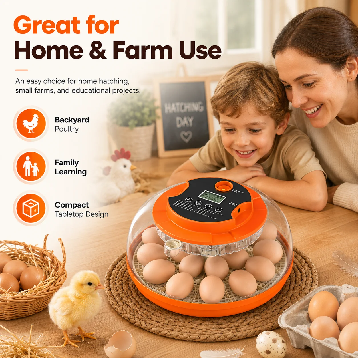 Home Hobbyist Egg Incubator Hatching Machine, Intelligent Temp Humidity Control Auto Rotate Egg Brooder, Small‑Size Poultry Hatcher for Backyard Bird Egg Incubation view 6