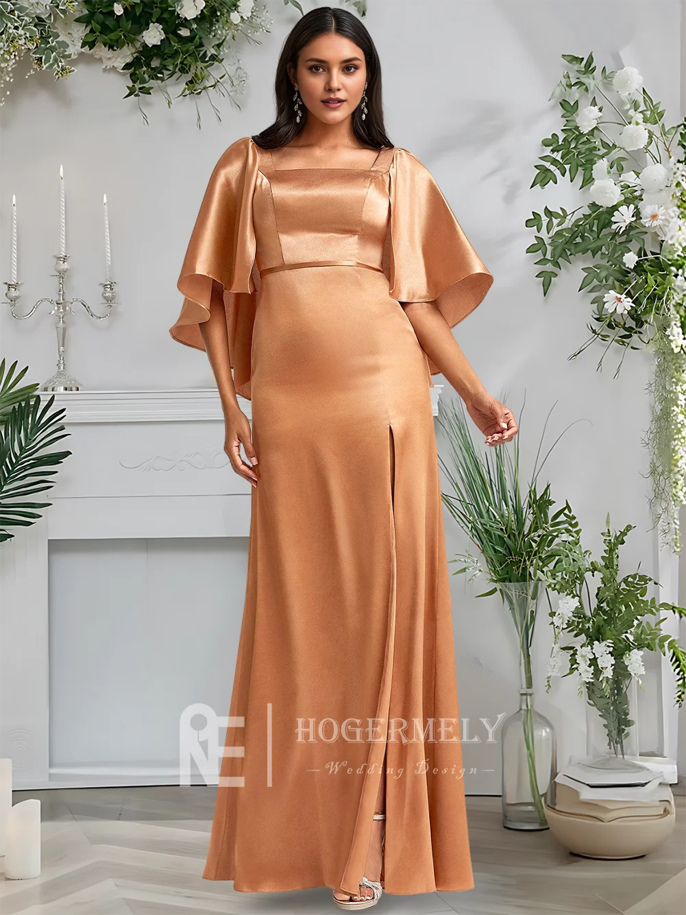 A ​ ​ Gaun Pengiring Pengantin Satin Melar Panjang Lantai Persegi A-Line Bronzer Mewah dengan Jubah Koktail Tamu Pesta Pernikahan 2025 ​