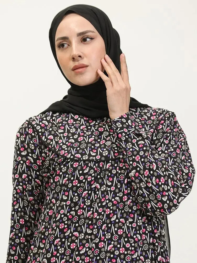 Patterned Viscose Dress Big Size Long Sleeve Zero Collar 4 Seaons Women Muslim Fashion Hijab Clothing Stylish Suitable