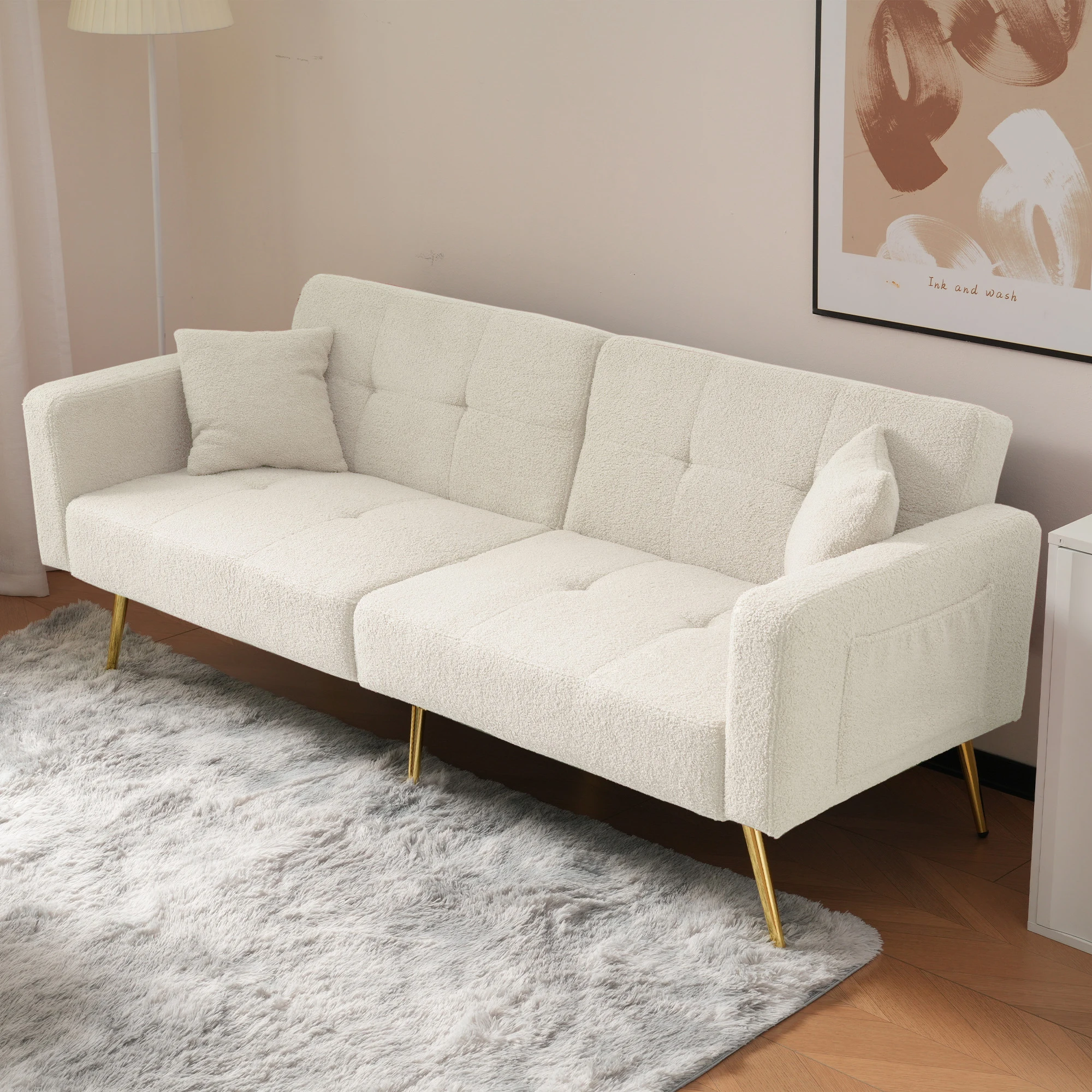 Canapé-lit de luxe avec pieds dorés ! 3 niveaux réglables, inclus Coussins et poches latérales. Lit d'appoint compact pour salon.