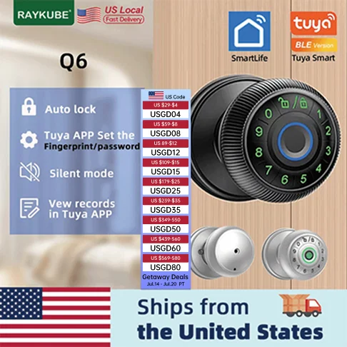 

RAYKUBE Q6 США Бесплатная доставка Tuya BLE умный дверной замок со сканером отпечатков пальцев круглый электронный замок с паролем/ключом/разблокировкой приложения Tuya