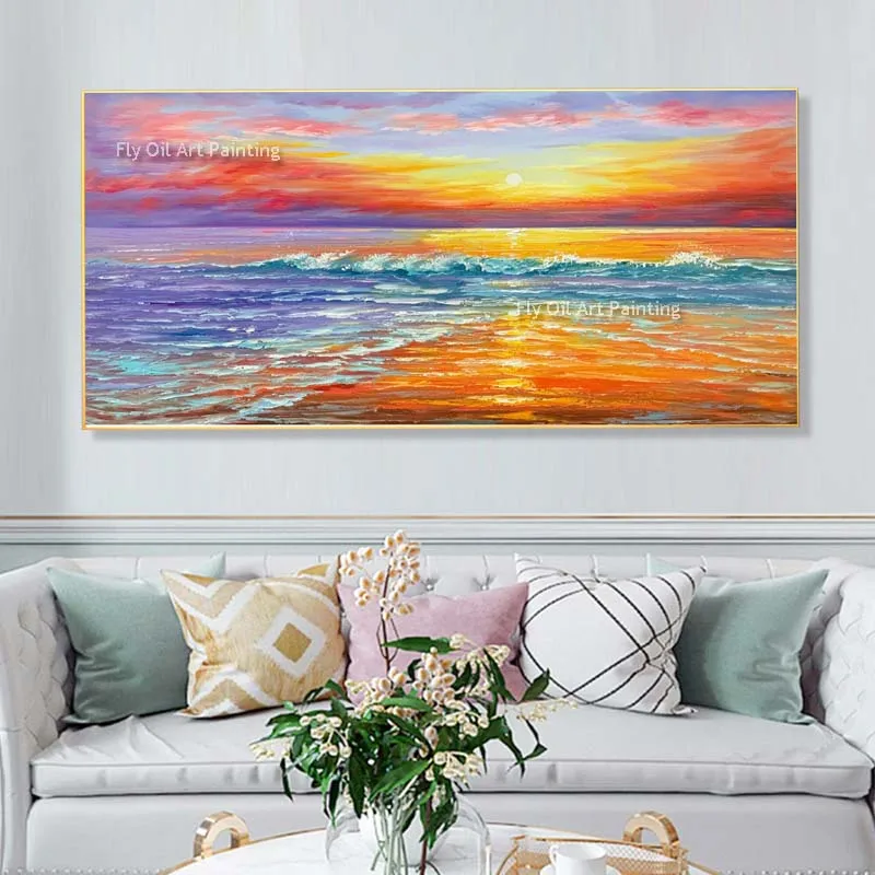 

Handmade Gold Ocean Abstract Canvas Painting Sunset Sea View Blue Sea Oil Painting Gold Sky Sunset Ocean Large Wall Art Decor