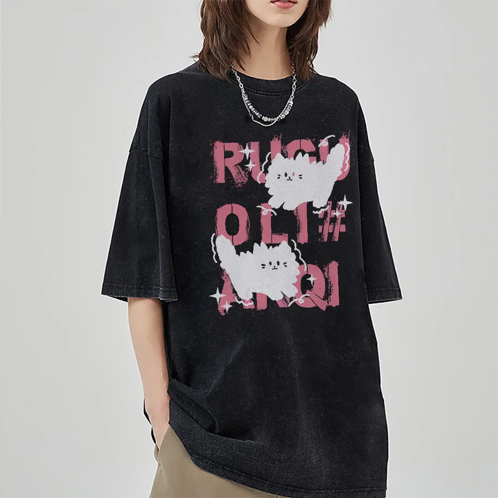 

Милая футболка с принтом кота, летняя футболка с круглым вырезом и короткими рукавами, свободные хлопковые футболки из стираного хлопка, повседневный топ Y2k, одежда в стиле каваи