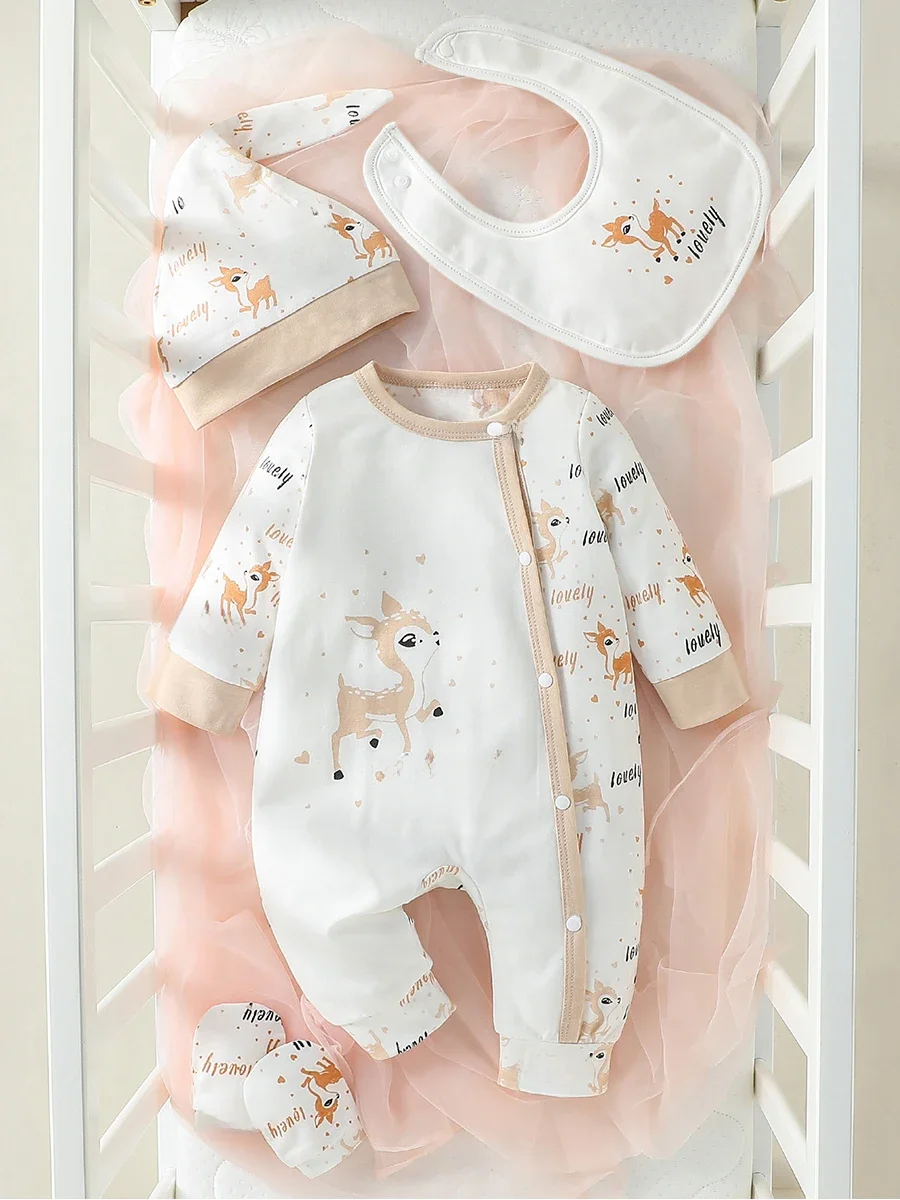 Combinaison pastorale à manches longues pour bébés filles, 4 pièces, toutes saisons, cerf de dessin animé, point ouvert, bavoir, gants, chapeau