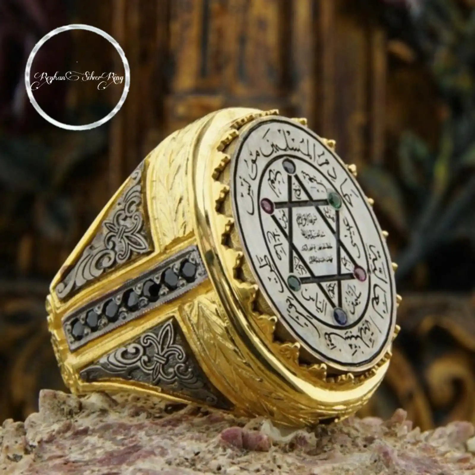 Gold-Plated Solomon's Seal Ring with Black and Colored Zircon Stones, Star of David Design Oval Father's Day Gift