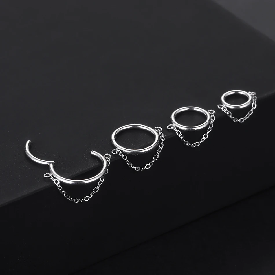 6-12mm Hinged Segment Clicker Septum Ring with Chain Stainless Steel Nose Ring Cartilage Earring Lobe Helix Piercing Body Jewery