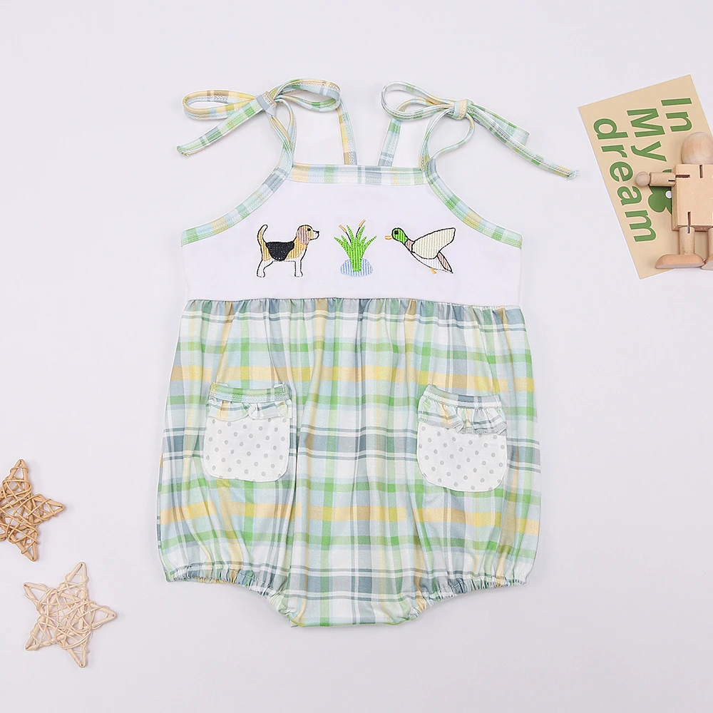 

New Born 0-3T Bubble Summer Romper Babi Girls Clothes Puppy Embroidered Bodysuit Green Lattices Outfit Shorts Sleeve One Piece