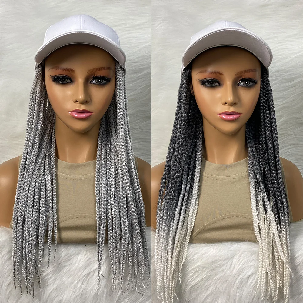 Pelucas trenzadas sintéticas baratas con gorra de béisbol, pelucas de caja de Color Natural para mujeres negras Afro, uso diario, sombrero blanco, 24 pulgadas