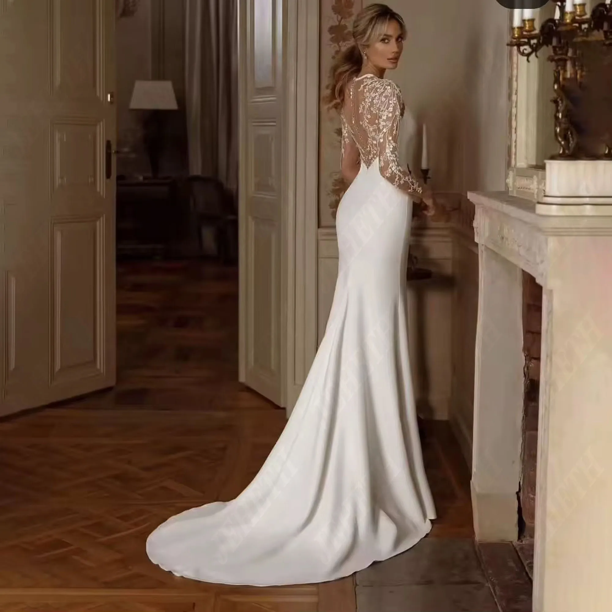 JEHETH ง่ายลูกไม้ซาตินชุดแต่งงานเงือก Scoop คอเปิดกลับแขนยาว Appliques ชุดเจ้าสาว Vestido ที่กําหนดเอง