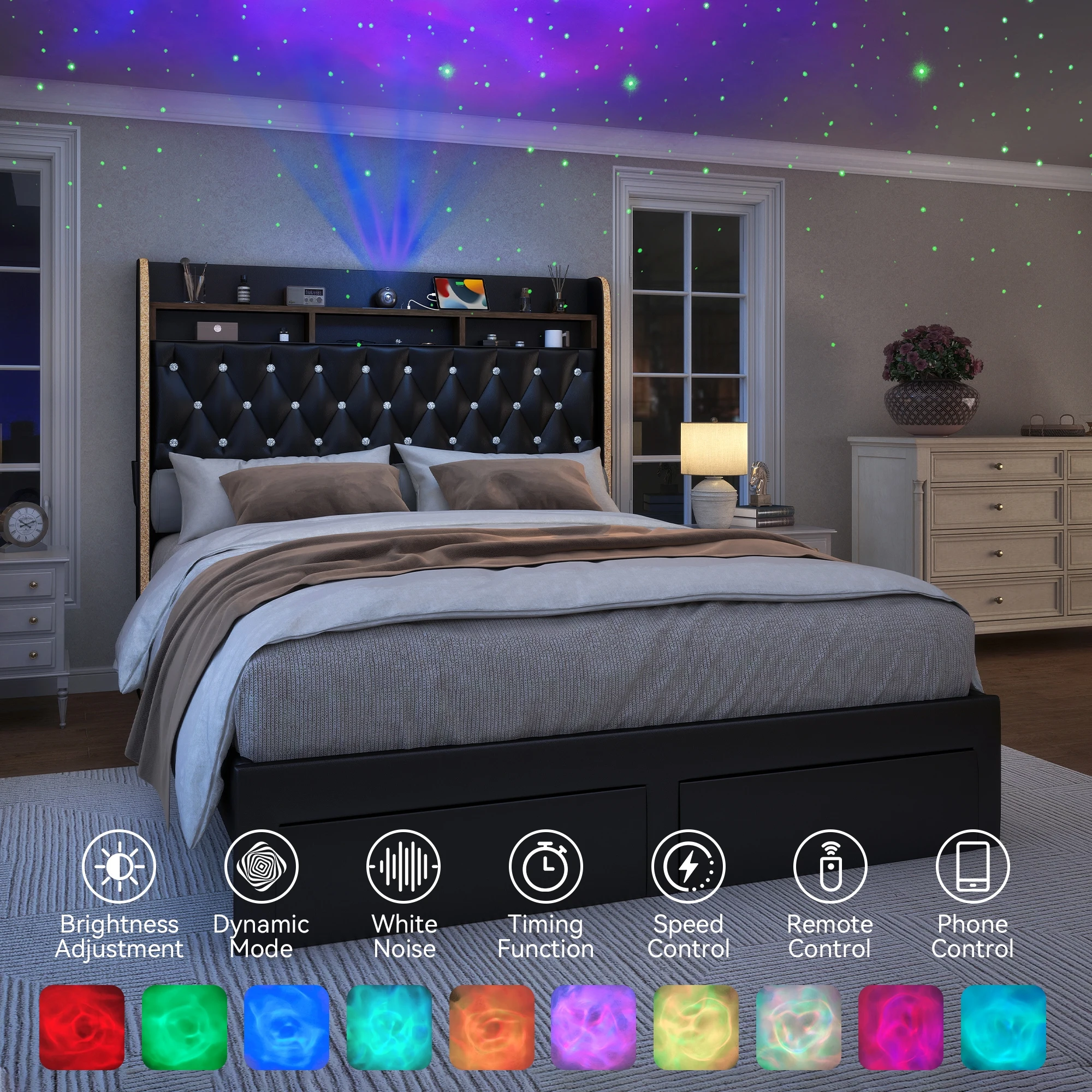 LED Bed Frame with Storage Drawers, Star Projector, Charging Station & Speaker, PU Leather/Velvet Platform, Noise-Free 2