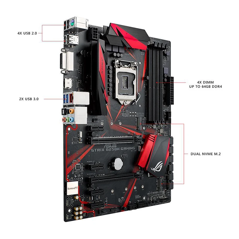 Imagem -03 - Placa-mãe para Jogos Asus Rog Strix B250h Lga1151 Ddr4 Hdmi Dvi M.2 B250 Atx Usb 3.1