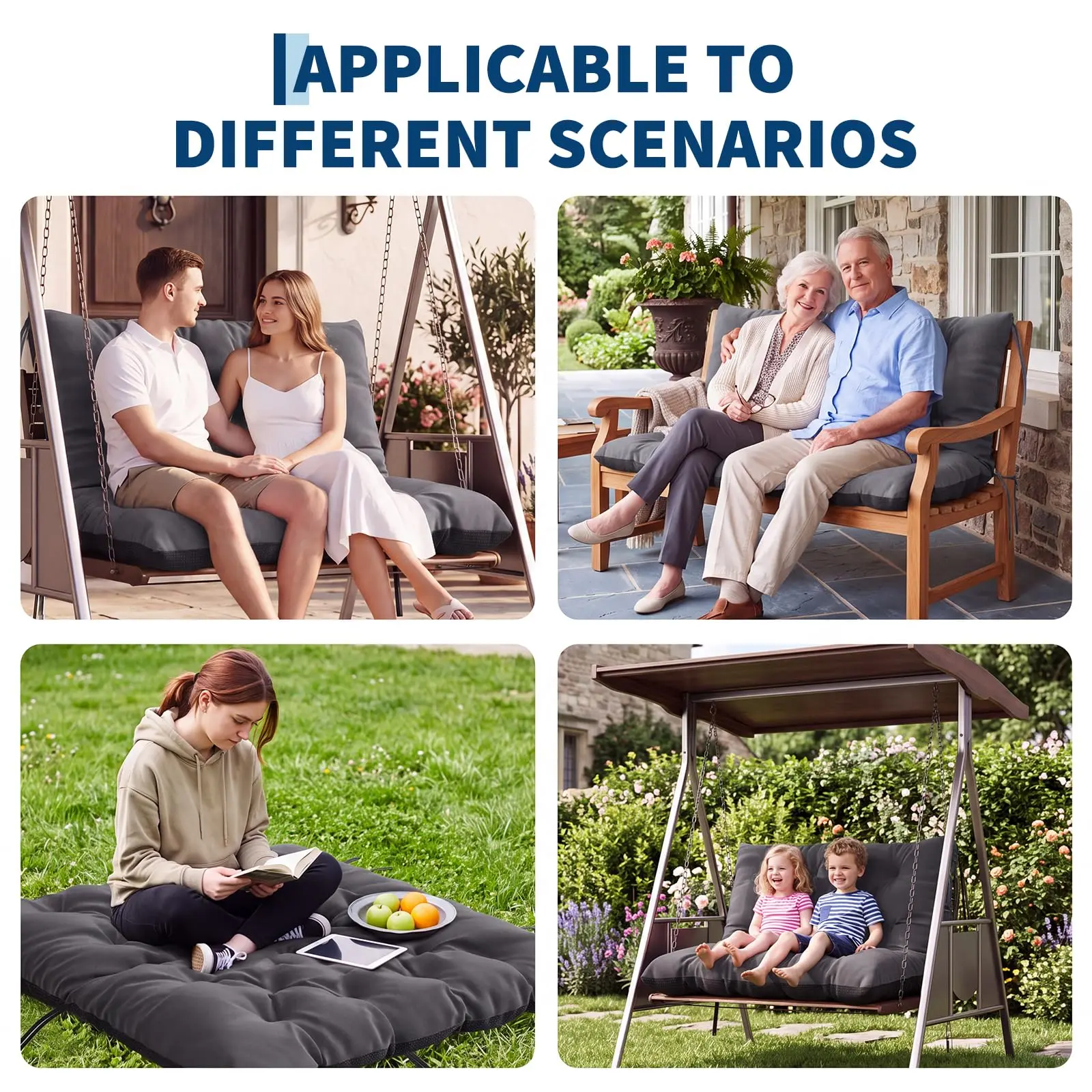 Cojín para columpio, 47 x 40 cm, de alta elasticidad, resistente al agua, para columpios de exterior con 3 asientos y base antideslizante, ideal para porches, patios, jardines y céspedes.