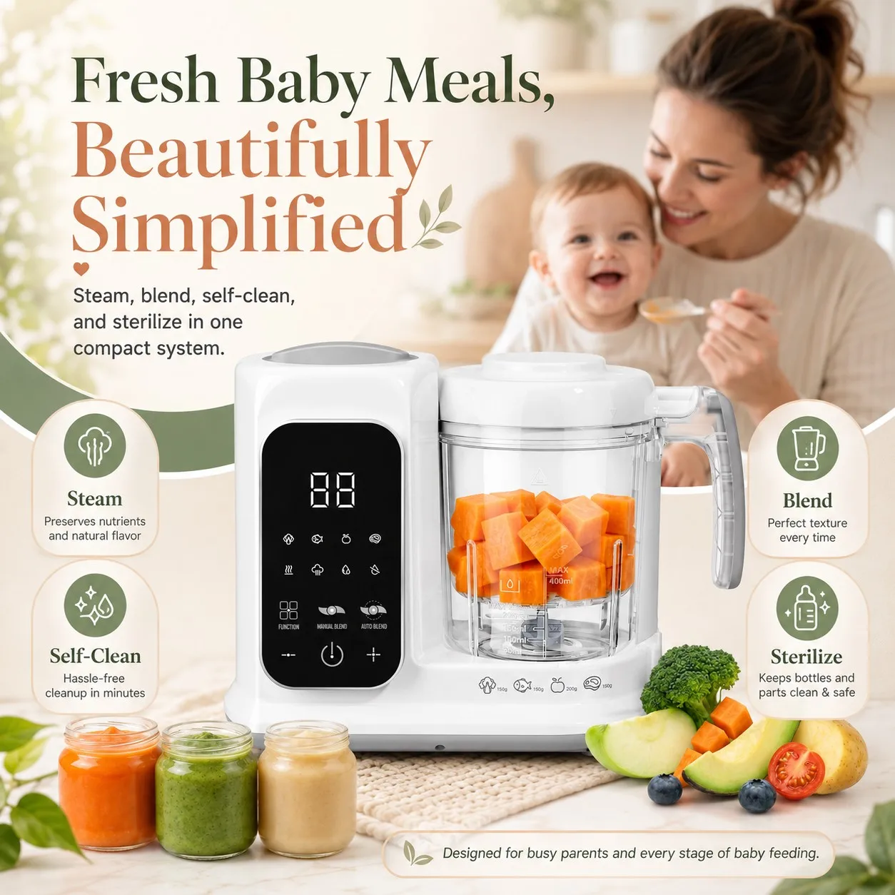 Baby Food Maker with Steam Basket, One-Touch Cooking, Blending and Self-Cleaning for Homemade Baby Puree,All-in-One Baby Food Processor White