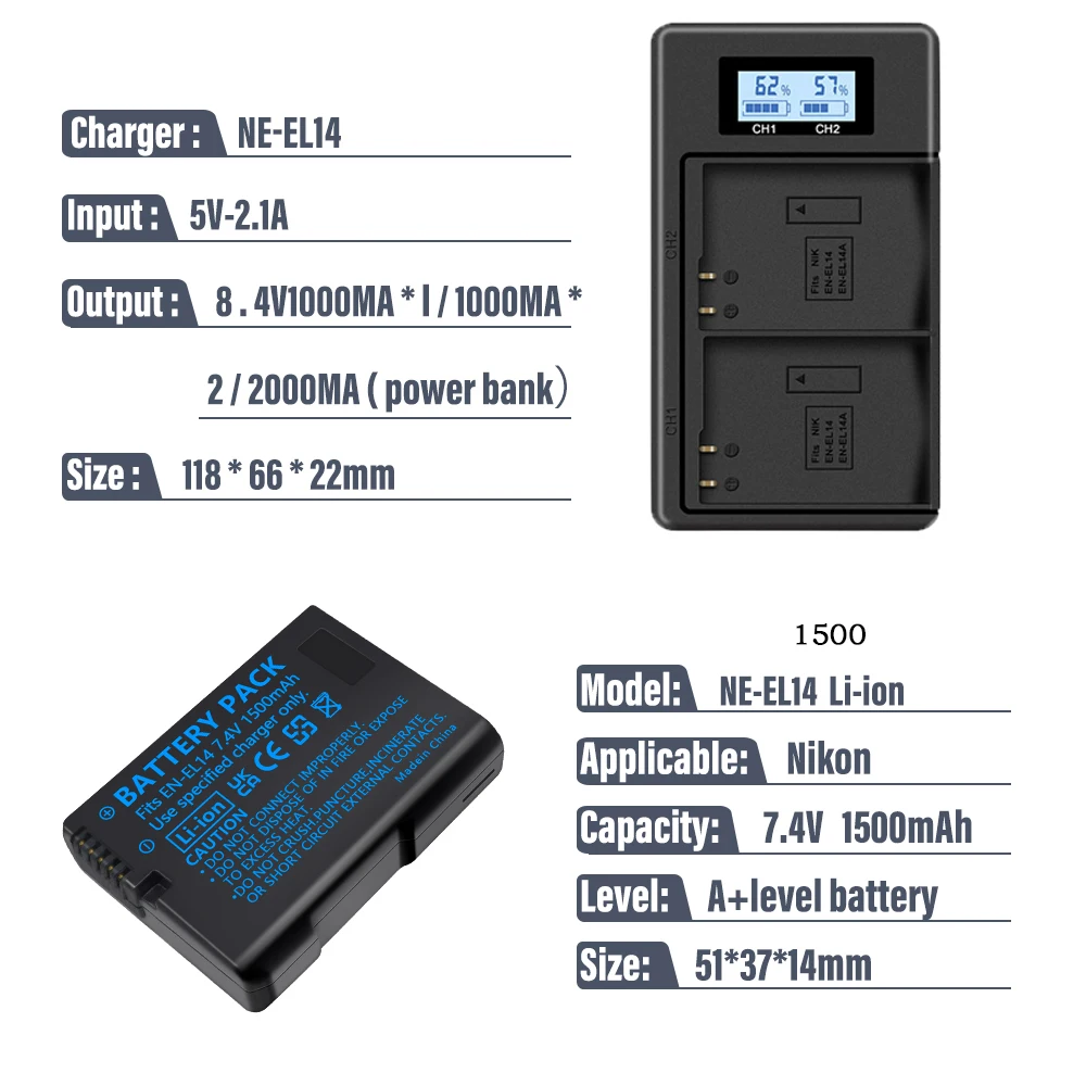 PALO 1500mAh EN-EL14 EN-EL14A Battery for Nikon D3100 D3200 D3300 D3400 D3500 D5600 D5100 D5200 P7000 P7800&USB Dual Charger