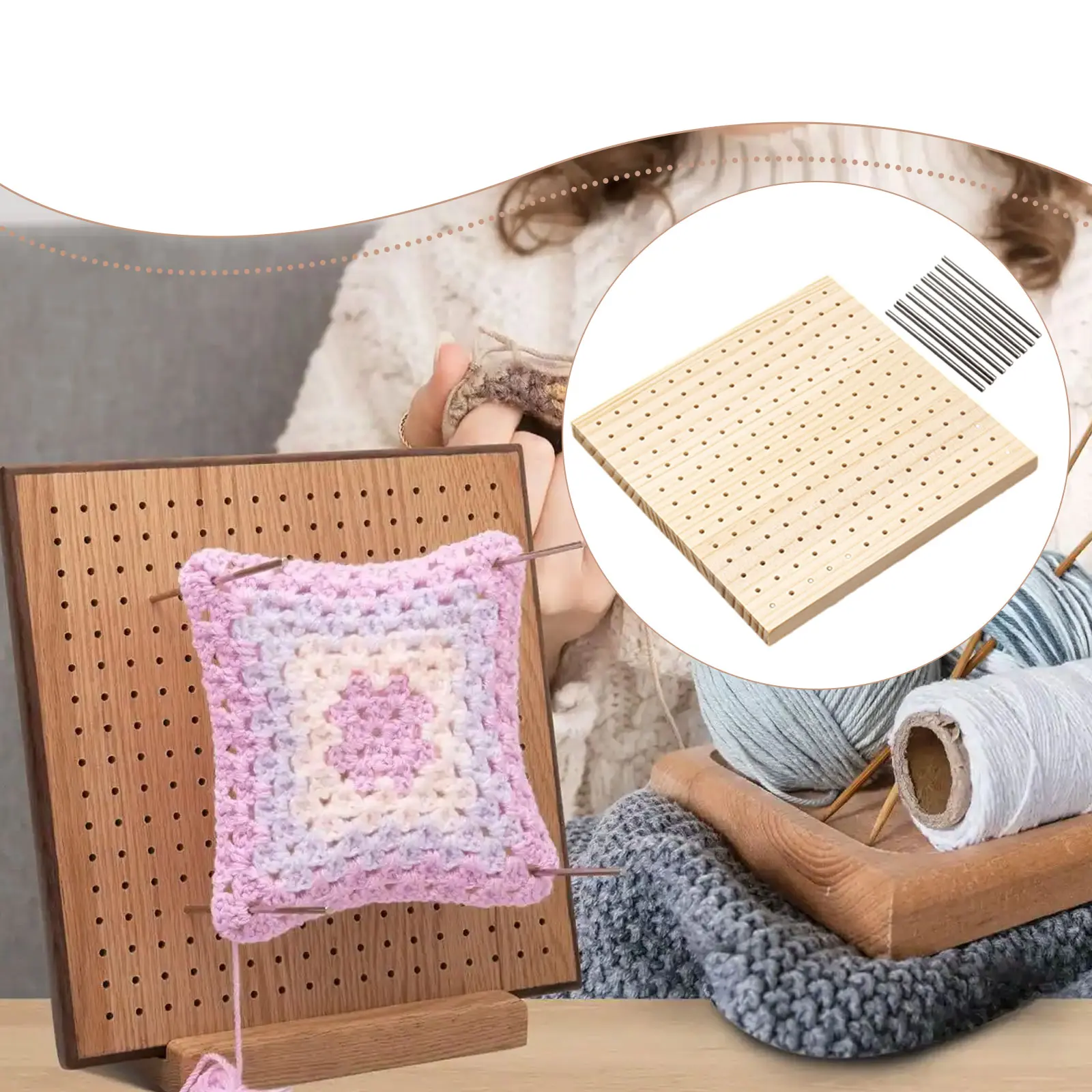 1 Set Wooden Crochet Blocking Board Handcrafted Needlework Knitting Mats With 9 Pegs Pins for DIY Knit Hat Crafts Lovers Gifts