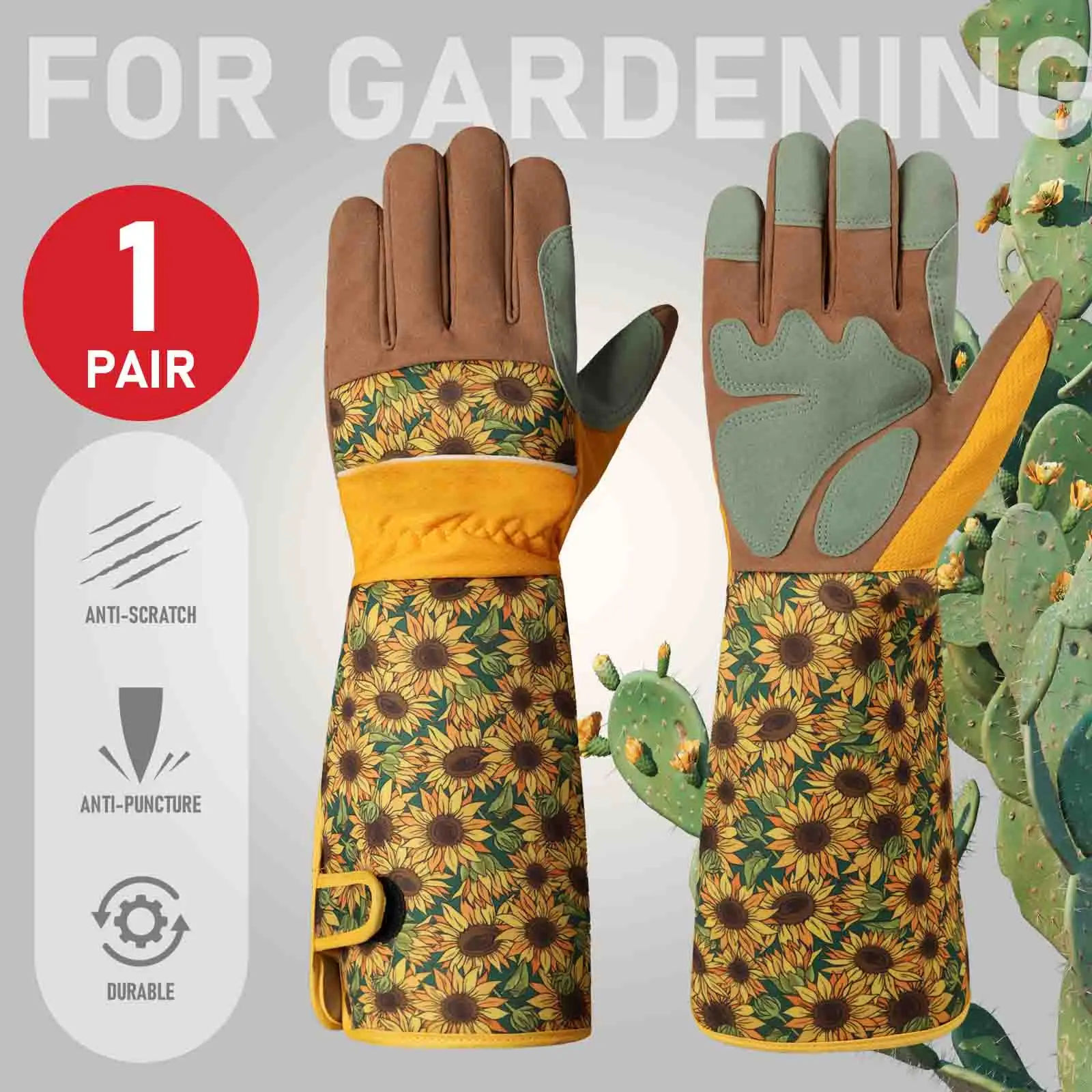 1 Pair Sunflower Gardening Gloves Long & Short Breathable Adjustable Cuff Garden Work