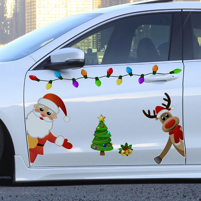 Car Sticker Magnetic Decal Xmas Decoration Freezer Magnets Light Bulb Santa Christmas Elk Snowman Reflective Sticker Car Decor