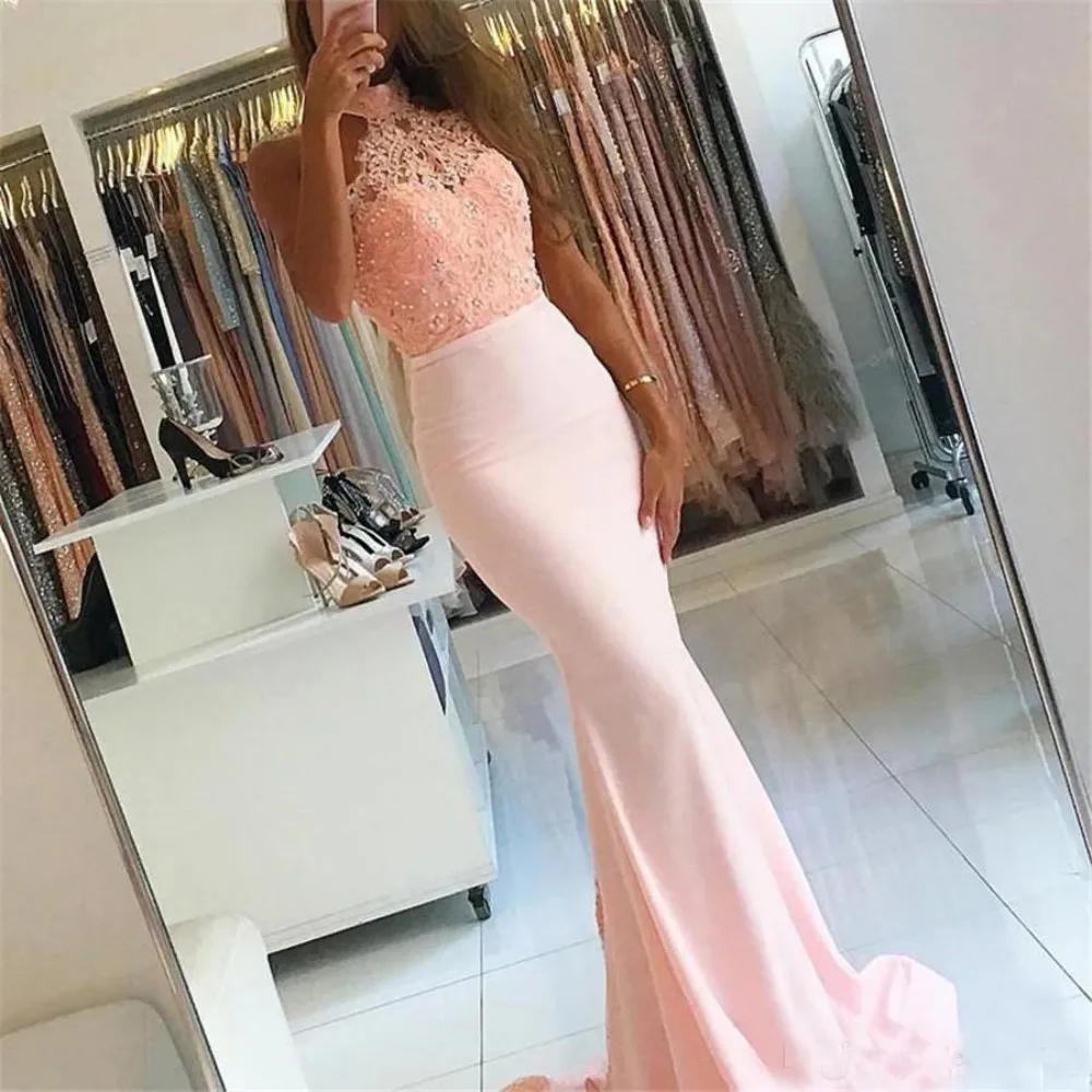 Vestido De noche romántico De encaje rosa con cuello redondo, Vestido De fiesta De sirena De satén sin mangas con lentejuelas y cuentas