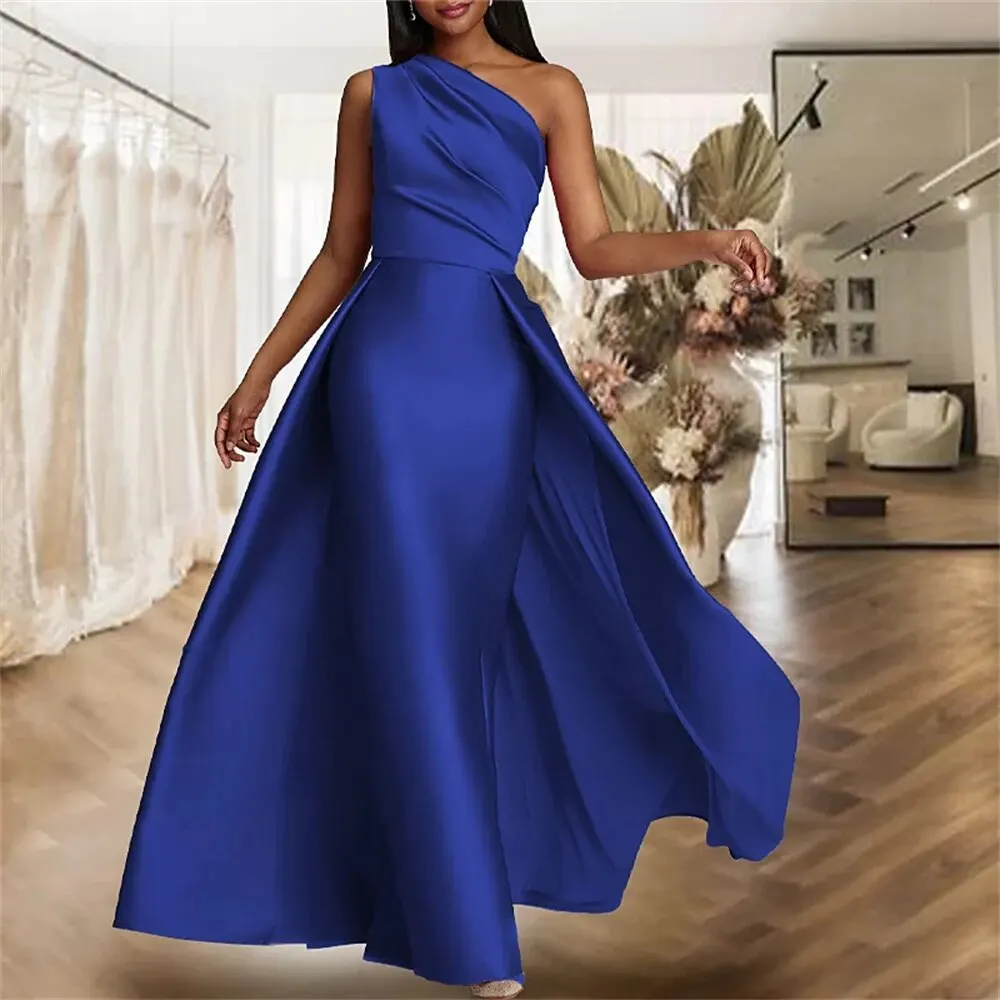 Women's One Shoulder Satin Prom Dress With Pleated Vintage Long Zipper Luxurious Formal Evening Party Gown for Women