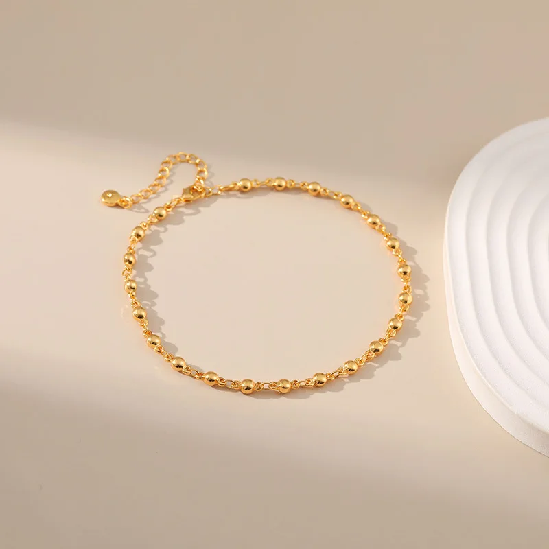 Simple Gold Color Beads Chain Summer Waterproof Metal Women Anklets Fancy 18K Gold Plated European Foot Accessories Nice Jewelry