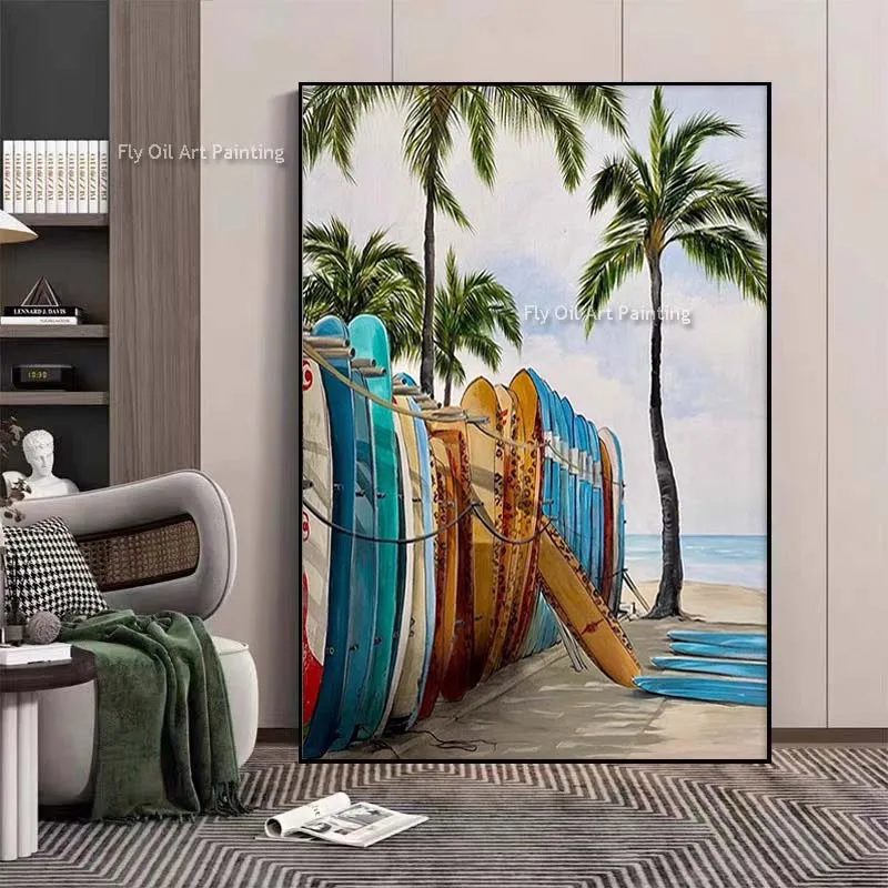 

Beach Surfboard Oil Painting Palm Tree Seascape Canvas Wall Art Handmade Contemporary Surfers Modern Artwork For Home Decor