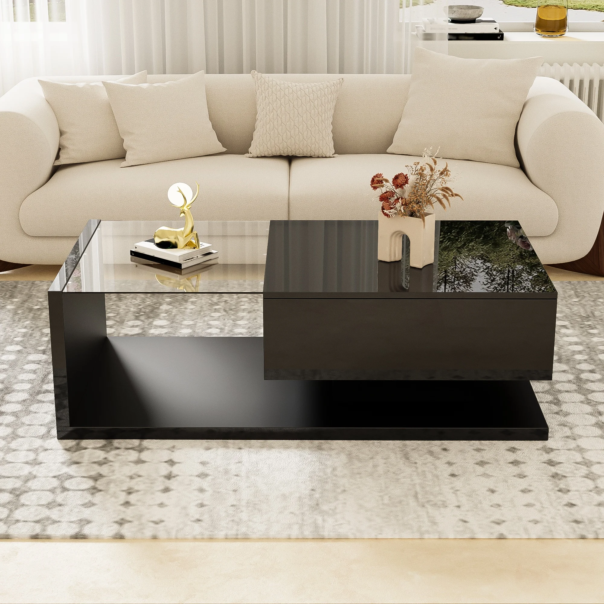 Table basse avec 1 niche de rangement et éclairage LED 16 couleurs, finition brillante, en verre trempé et panneaux, noir