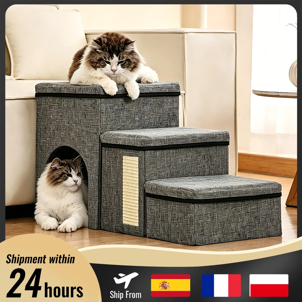 Escalier pliable pour animaux de compagnie à 3 marches avec rangement, rampe confortable et durable trois-en-un à placer près du canapé ou du lit pour protéger les chiens âgés, supporte jusqu'à 60 kg