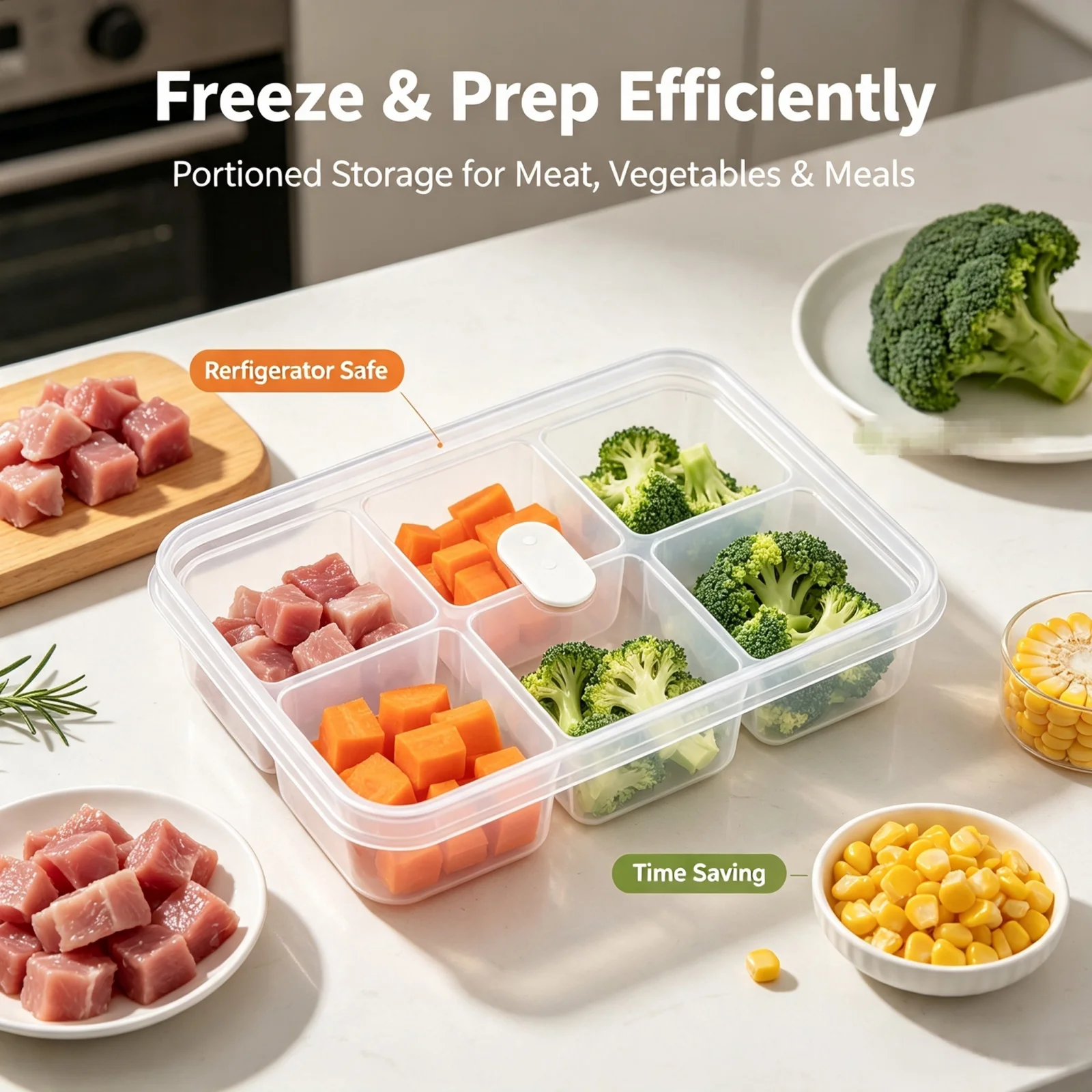 Meal Prep Frozen Food - กล่องเก็บอาหารแบบ 6 ช่องสำหรับแช่แข็ง ความจุขนาดใหญ่ สำหรับจัดเก็บเนื้อสัตว์ ผัก