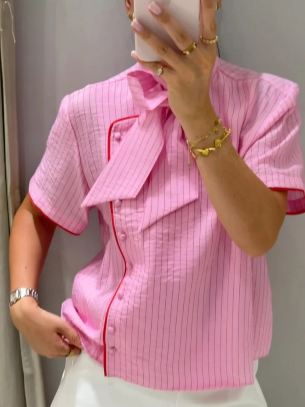 Women Vintage Pink Striped Bow Shirt Short Sleeve Asymmetrical Blouse Chic French Style Summer Preppy Casual Top