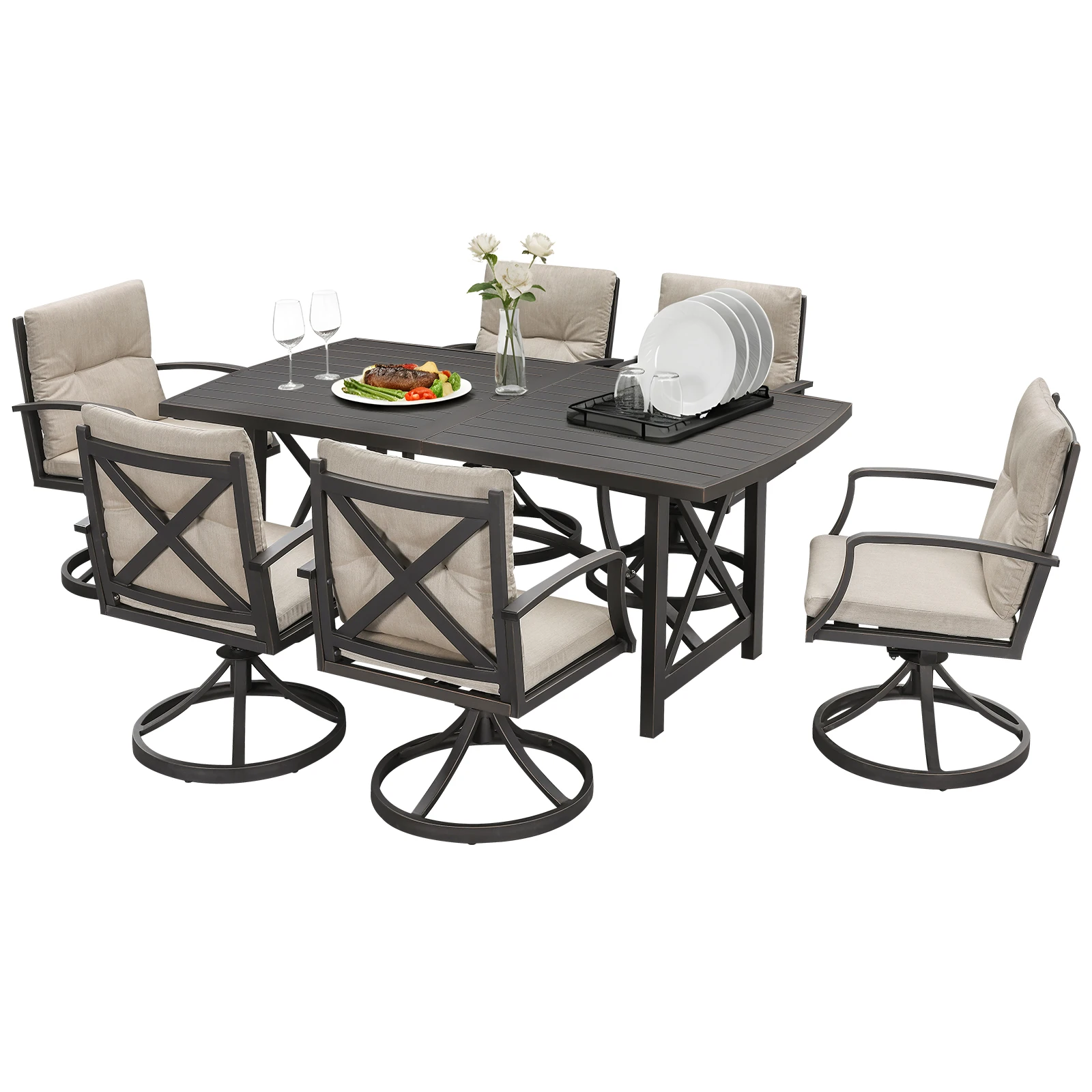 

SeeHill Gunmetal 7-Piece Swivel Dining Set, Aluminum Patio Table and 6 Swivel Chairs with Cushions, Umbrella Hole