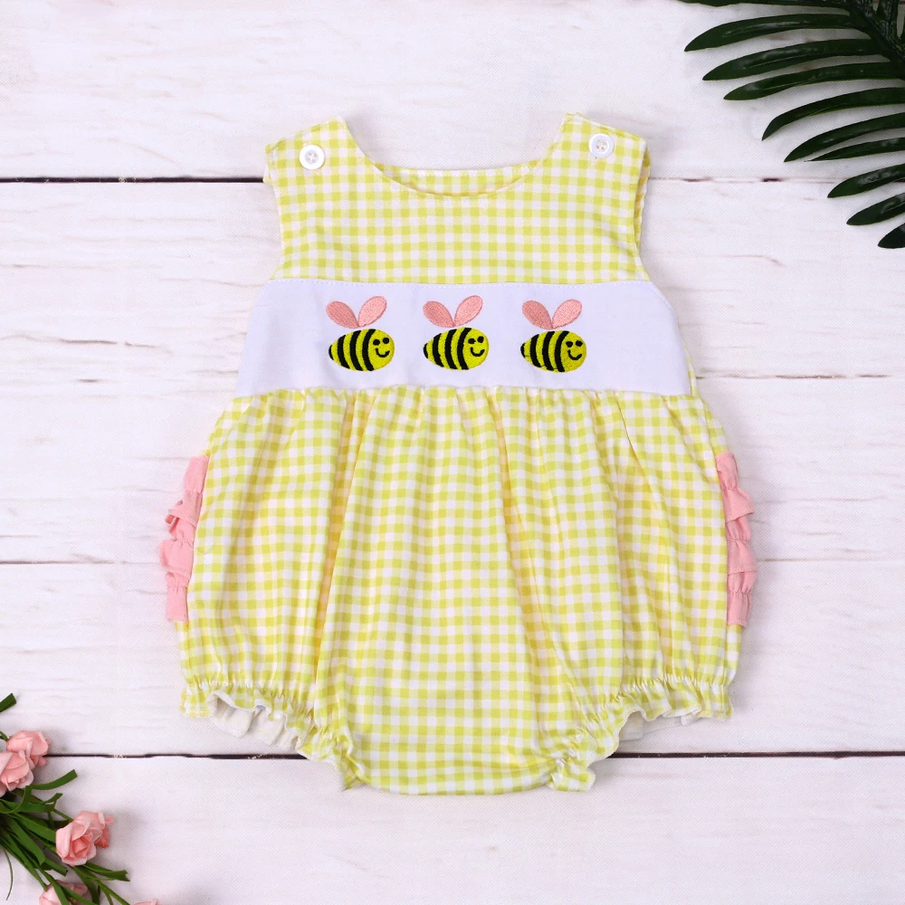 

New Born 0-3T Romper Babi Girls Clothes Cute Bee Embroidery Bodysuit Outfit Sleeve Yellow One Piece Shorts Pink Lace Jumpsuit