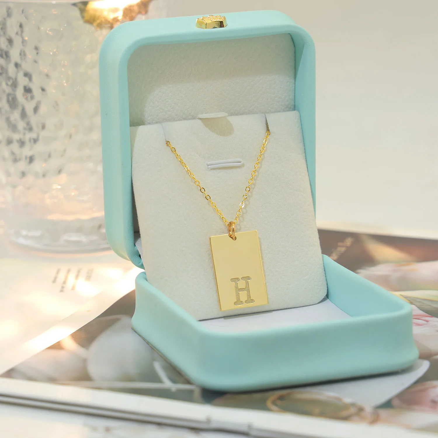 18K Gold Plated Rectangle Pendant Necklace Engraved Personalized Initial Letter For Men Women Wholesale