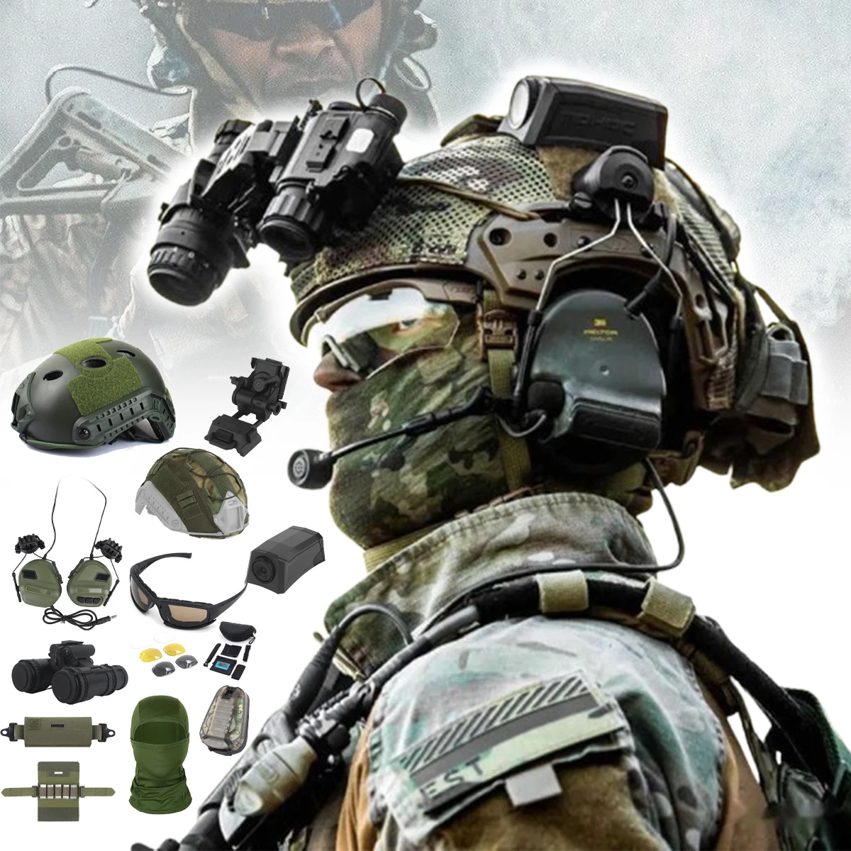 

Tactical Airsoft Helmet Set With NVG model Weight Pouch Glasses Camera Model Headphones Signal Light for CS Field Role Playing