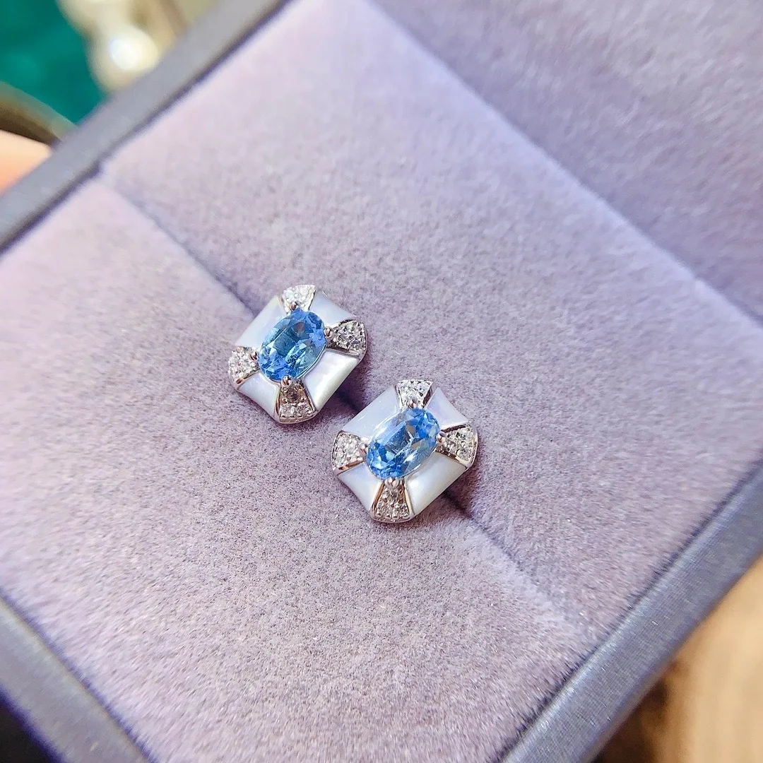Boutique Jewelry Natural Swiss Blue Topaz Gemstone 4x6mm Female Earrings 925 Pure Silver Gift for Girlfriend Birthday, Wedding P