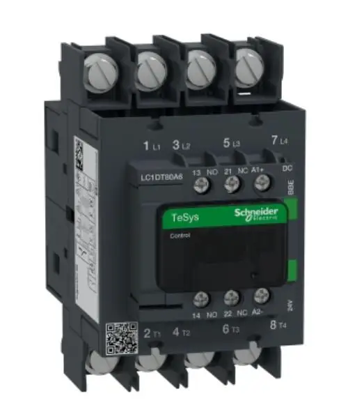 

LC1DT80A6BBE LC1-DT80A6BBE Contactor, TeSys Deca, 4P(4 NO), AC-1, 0 to 440V, 80A, 24V DC coil, ring-lug terminals