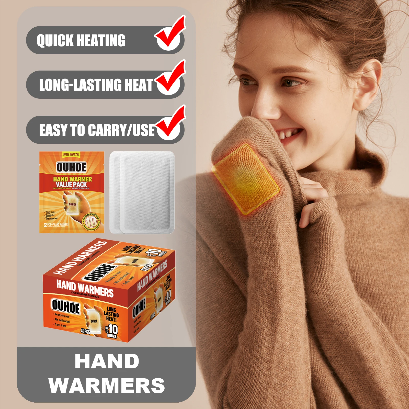 

OUHOE 40Pcs/Box Hand Warmers Quick Heating Long-lasting Warmth Light-weight Easy to Carry Breathable Design Even Heating
