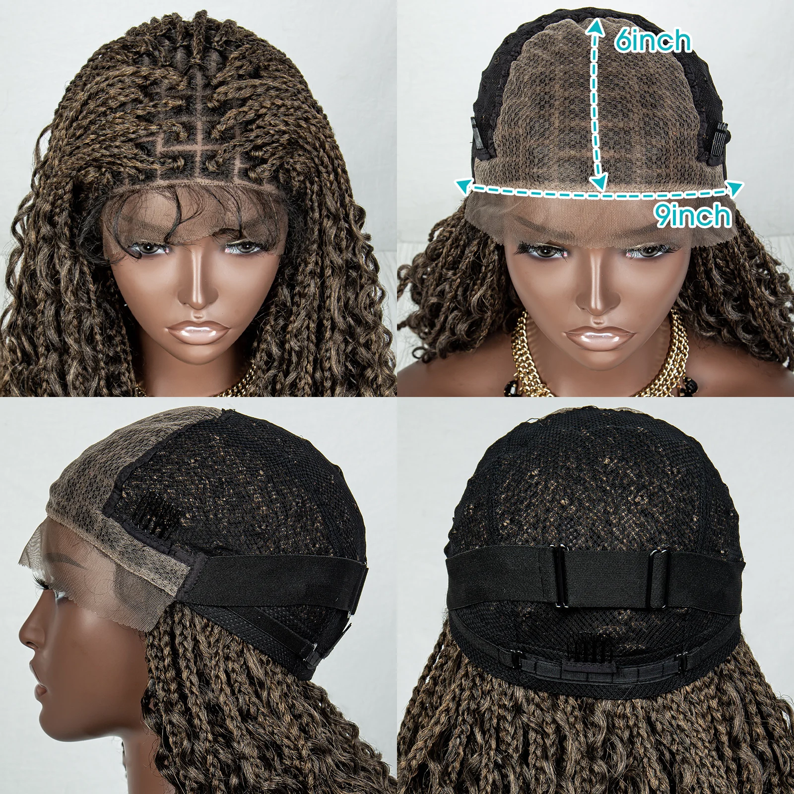 Parrucca con trecce Boho sintetiche di colore Ombre 9x6 parrucca con trecce bohémien intrecciate con scatola anteriore in pizzo parrucca intrecciata da 32 pollici marrone per le donne