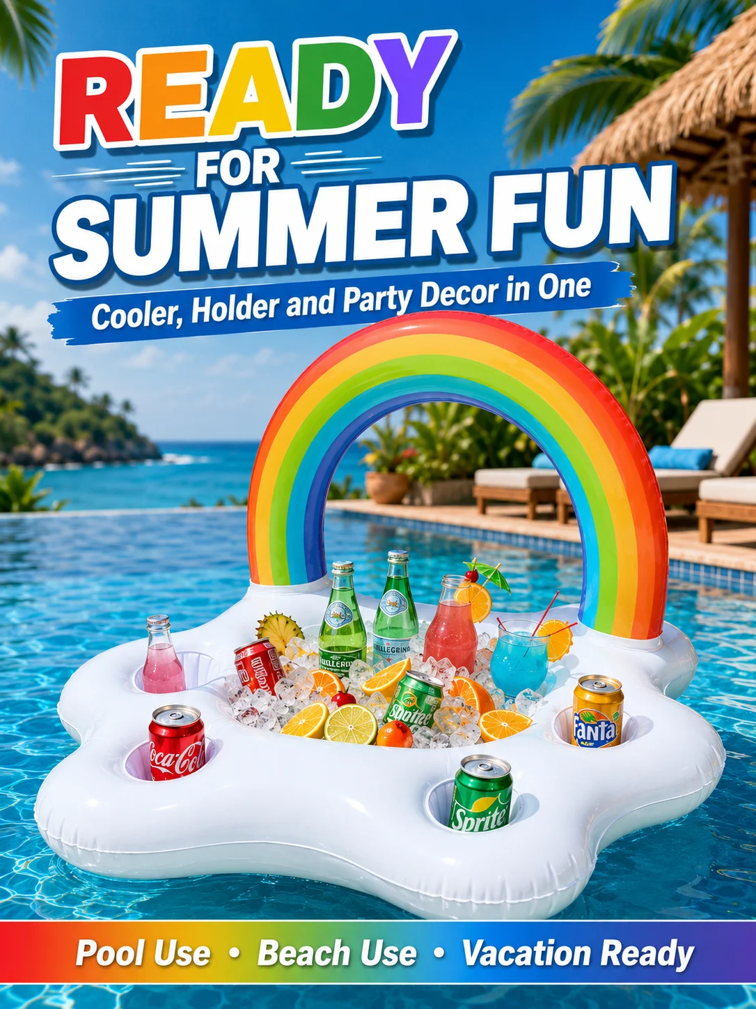 1PC Rainbow Inflatable Drink Cooler Float, Pool Party Ice Bucket Bar with Multiple Cup Holders for Beach Swimming Pool Summer