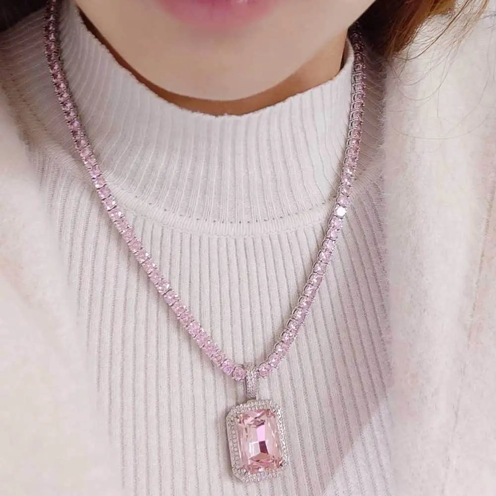 Filled Cubic Zirconia Necklace Green Square Pendant Black Gemstone Red Pink Stone Birthstone Punk Jewelry Hip Hop 2024