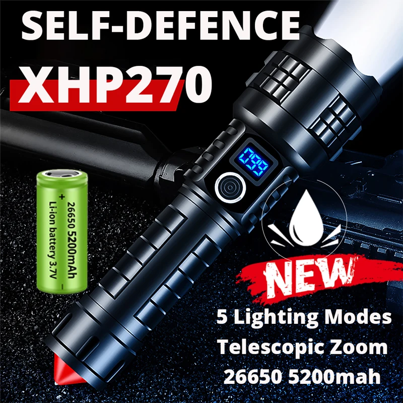 990000000LM NEW LED Flashlight XHP270 Powerful USB Torch Self-Defense T6 Tactical Bikelight Waterproof Lantern Zoom for Camping