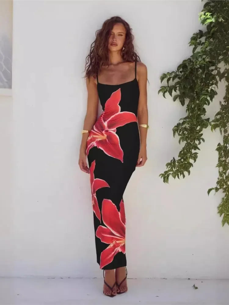 Kwiatowy nadruk Slim Spaghetti Strap Dresses Women Sexy Package Hip Bodycon Trendy Ladies Party Club Long Dress Fashion Streetwear — zdjęcie 2