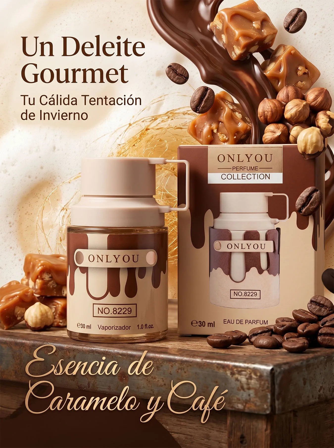 Perfume Gourmet ONLYYOU NO. 8229 30ml | Aroma de Caramelo Café y Vainilla | Fragancia Unisex Cálida de Invierno Duradera | Loción de Autor en Envase Portátil Premium Ideal para Citas y Regalo
