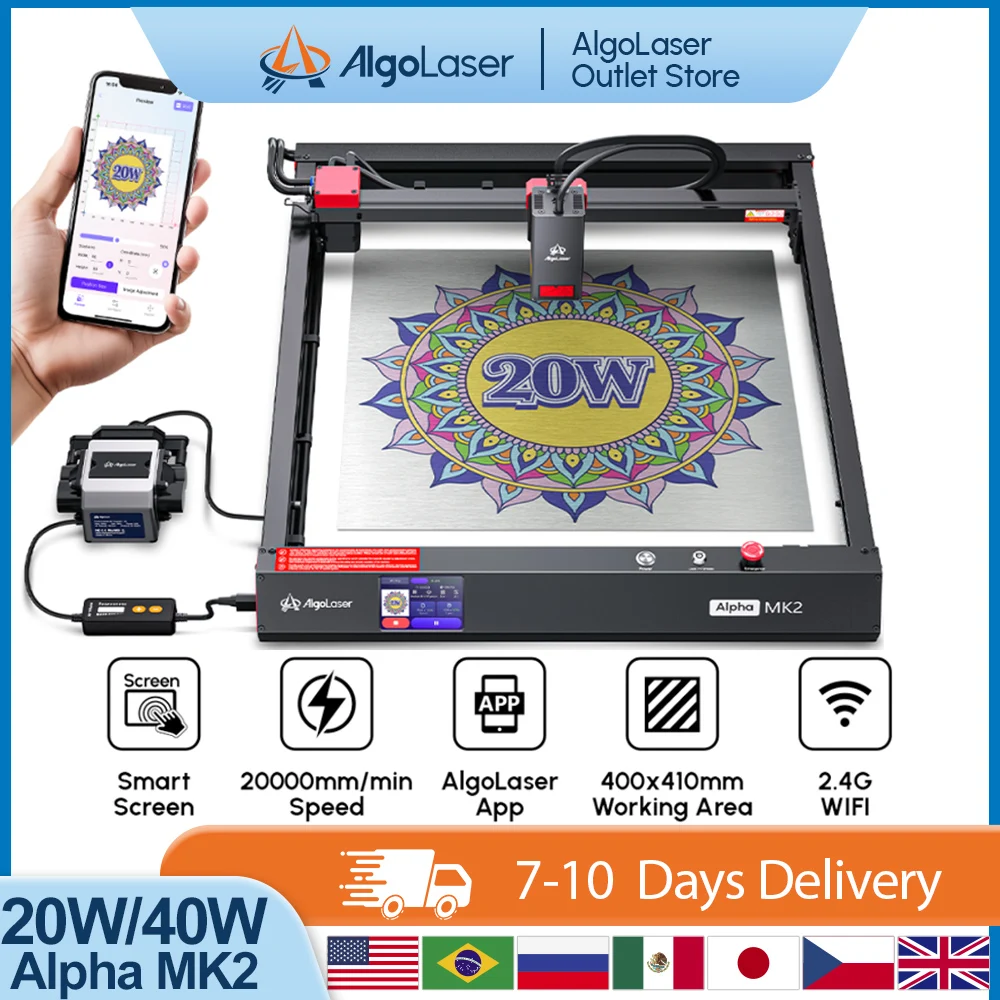 Algolaser Alpha MK2 22W Touch Screen For Business Laser Engraving Control With Air Pump Colorful Metal Engraver Woodworking Tool